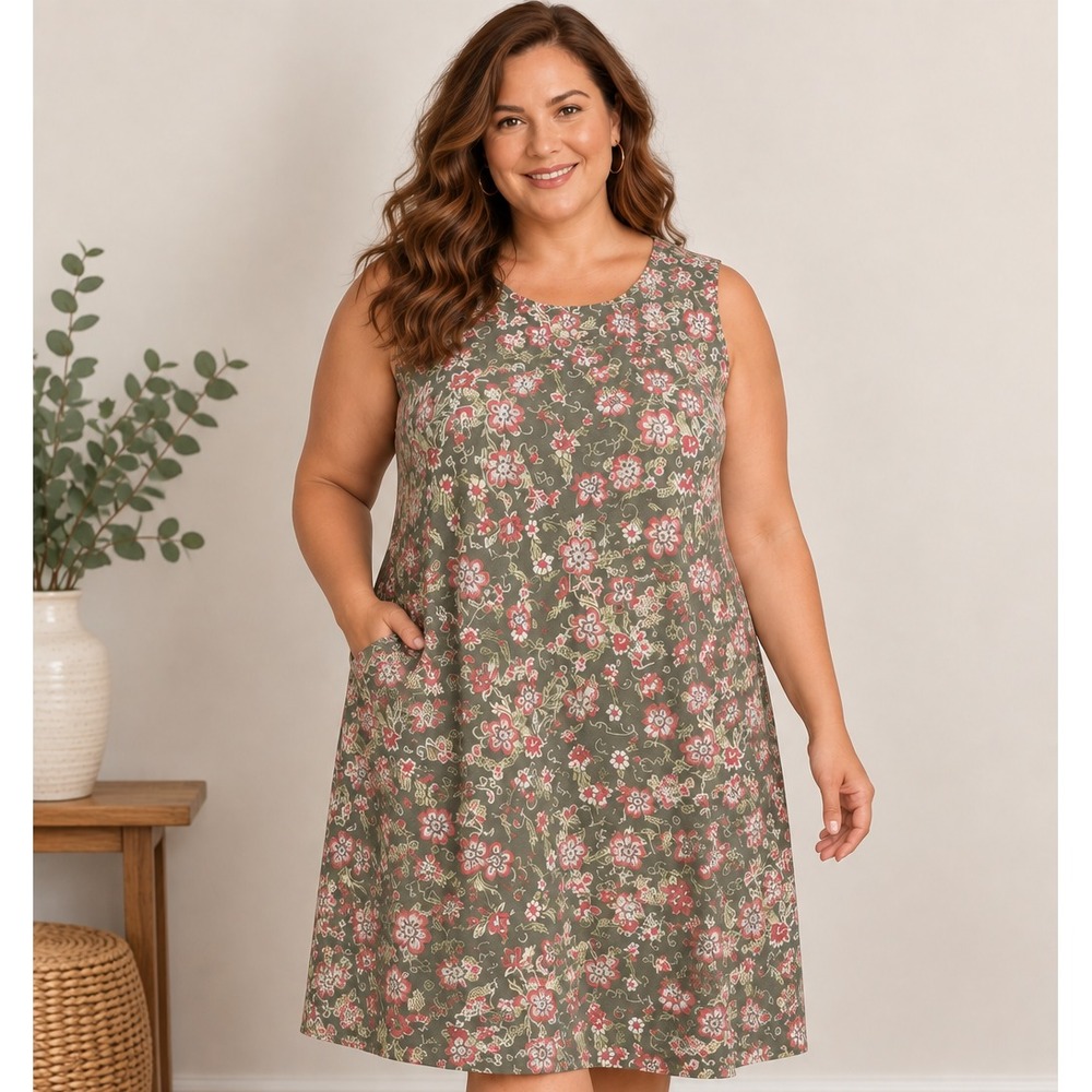 J Jill A-Line Knee Length Dress Plus Size 2X Green Floral Sleeveless Pockets